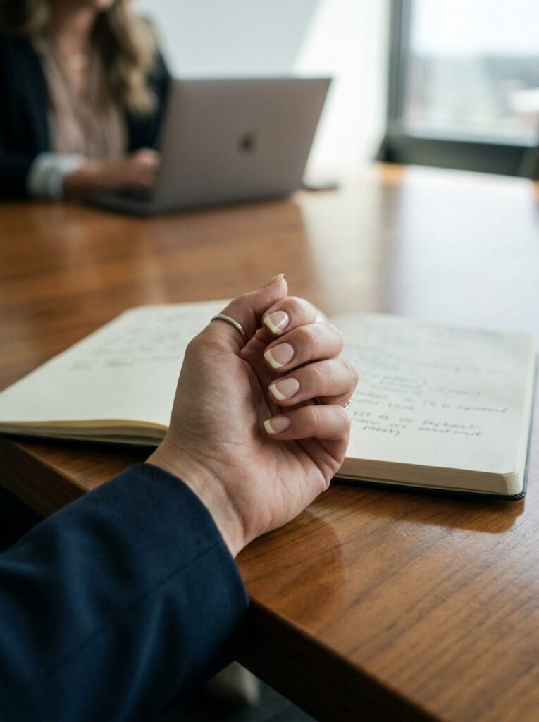 Soft modern French manicure on short nails resting on a meeting table