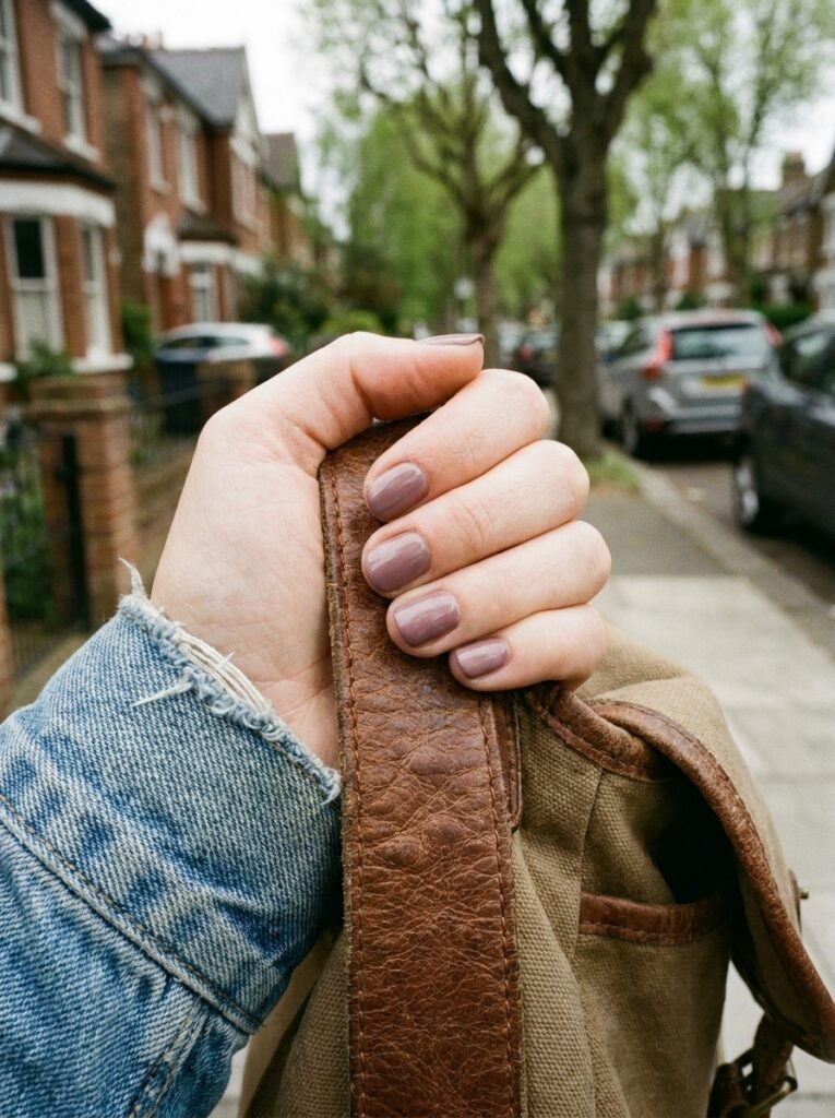 Muted mauve manicure on a hand holding a casual leather bag outdoors.