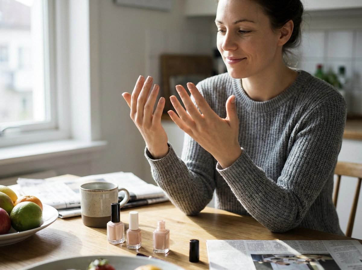 Woman examining freshly painted nude nails at a sunlit kitchen table.