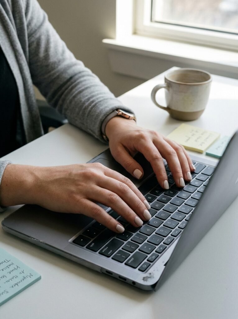 Short squoval nails typing on a laptop at a bright office desk