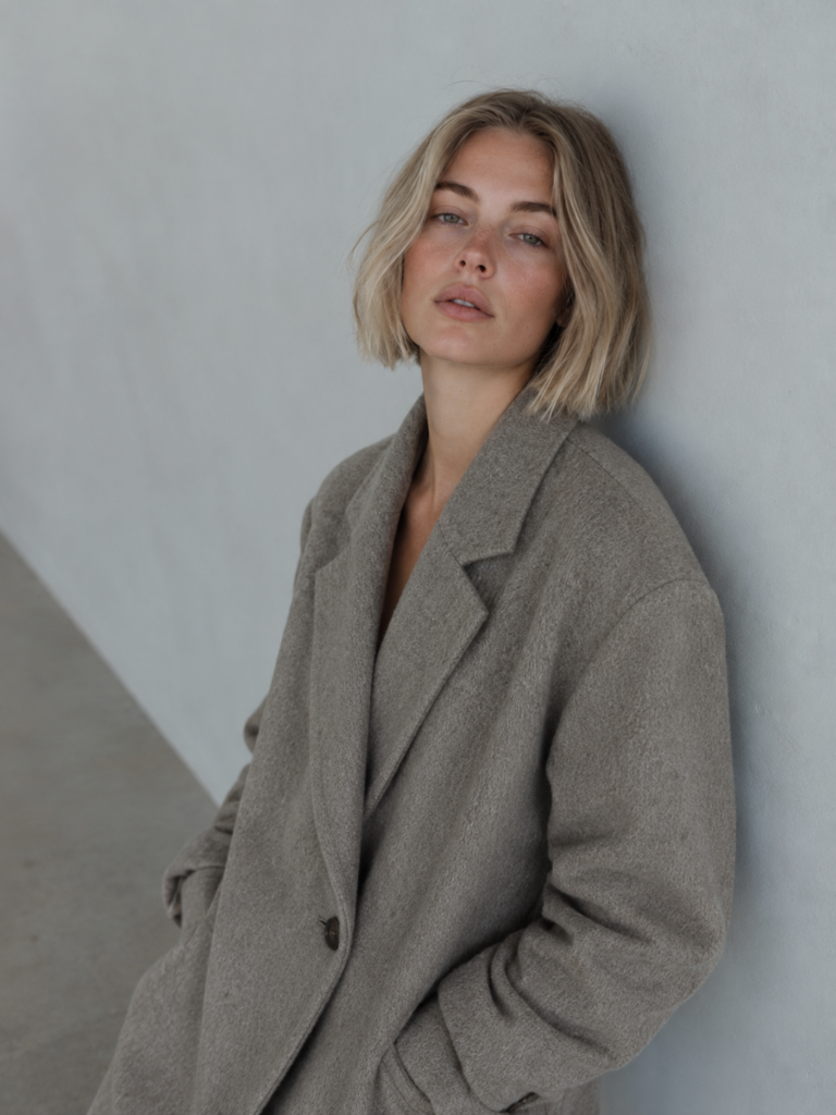 Woman with an airy ash blonde Scandi bob against a gray wall.