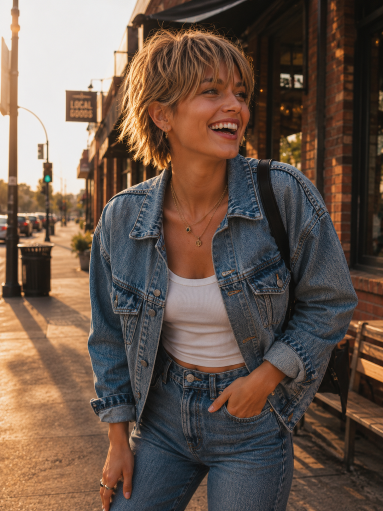 Young woman with a shaggy pixie and long fringe laughing outdoors.