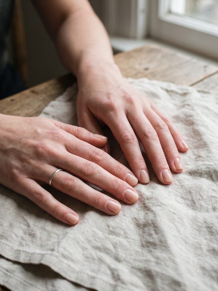 Soft nude manicure on a woman's hands resting on light linen.