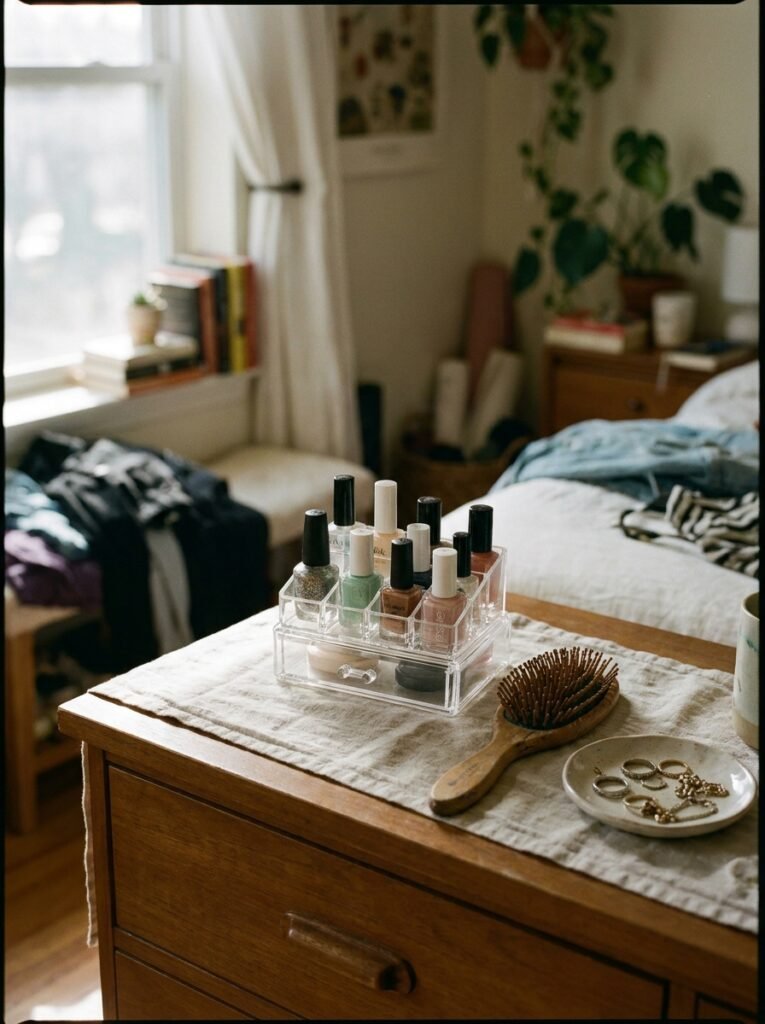 Ten nail polish bottles stored in a small acrylic organizer on a dresser