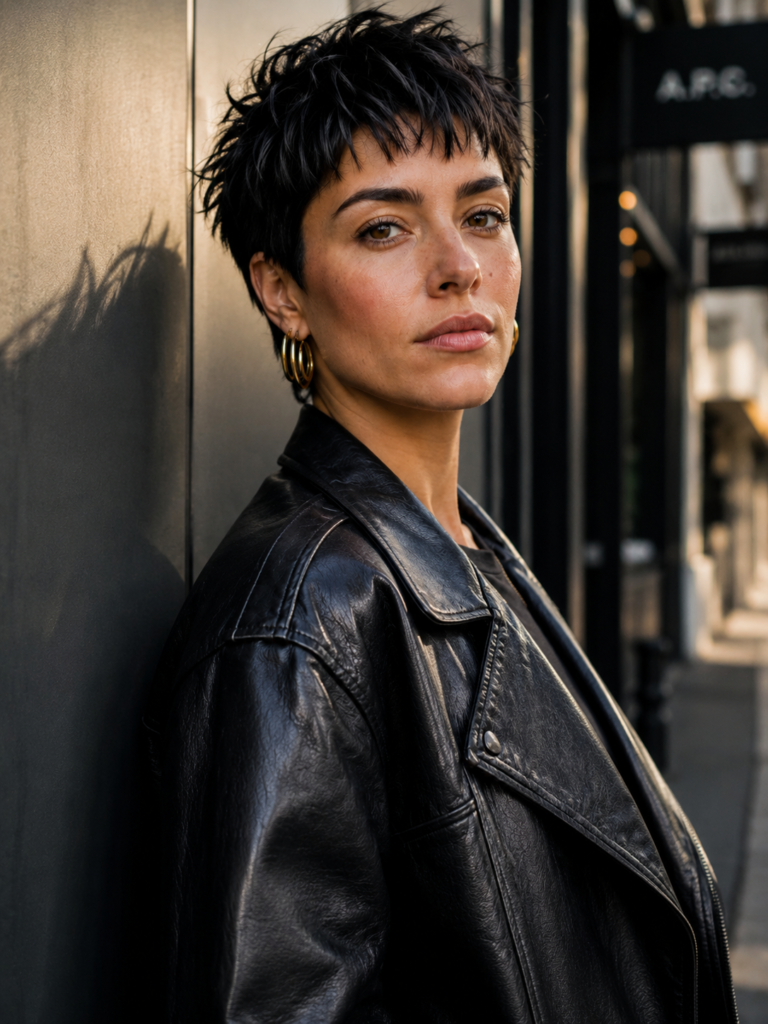 Woman with a choppy textured crop haircut and gold earrings.