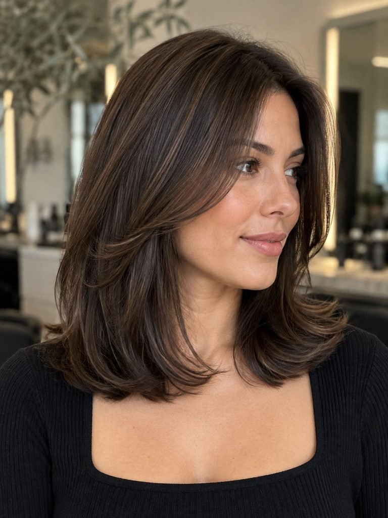 Dense medium hair with subtle internal movement and long layers framing the jaw
