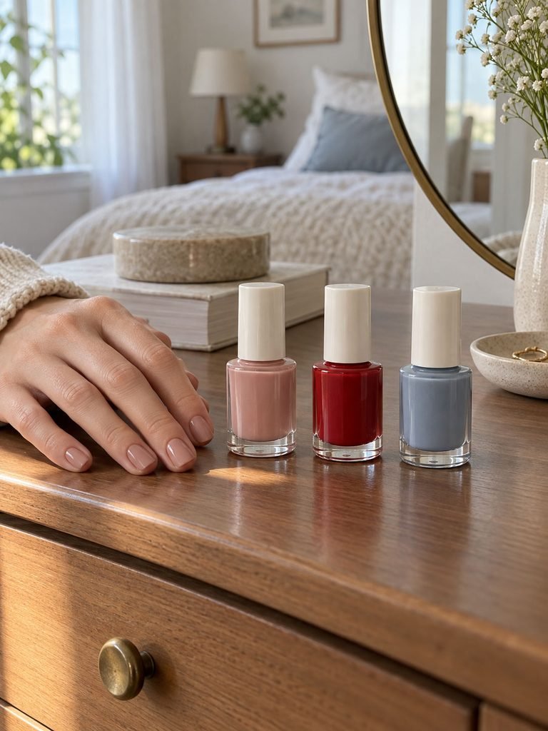 Three unlabeled polish bottles in sheer neutral, red, and muted blue beside painted nails