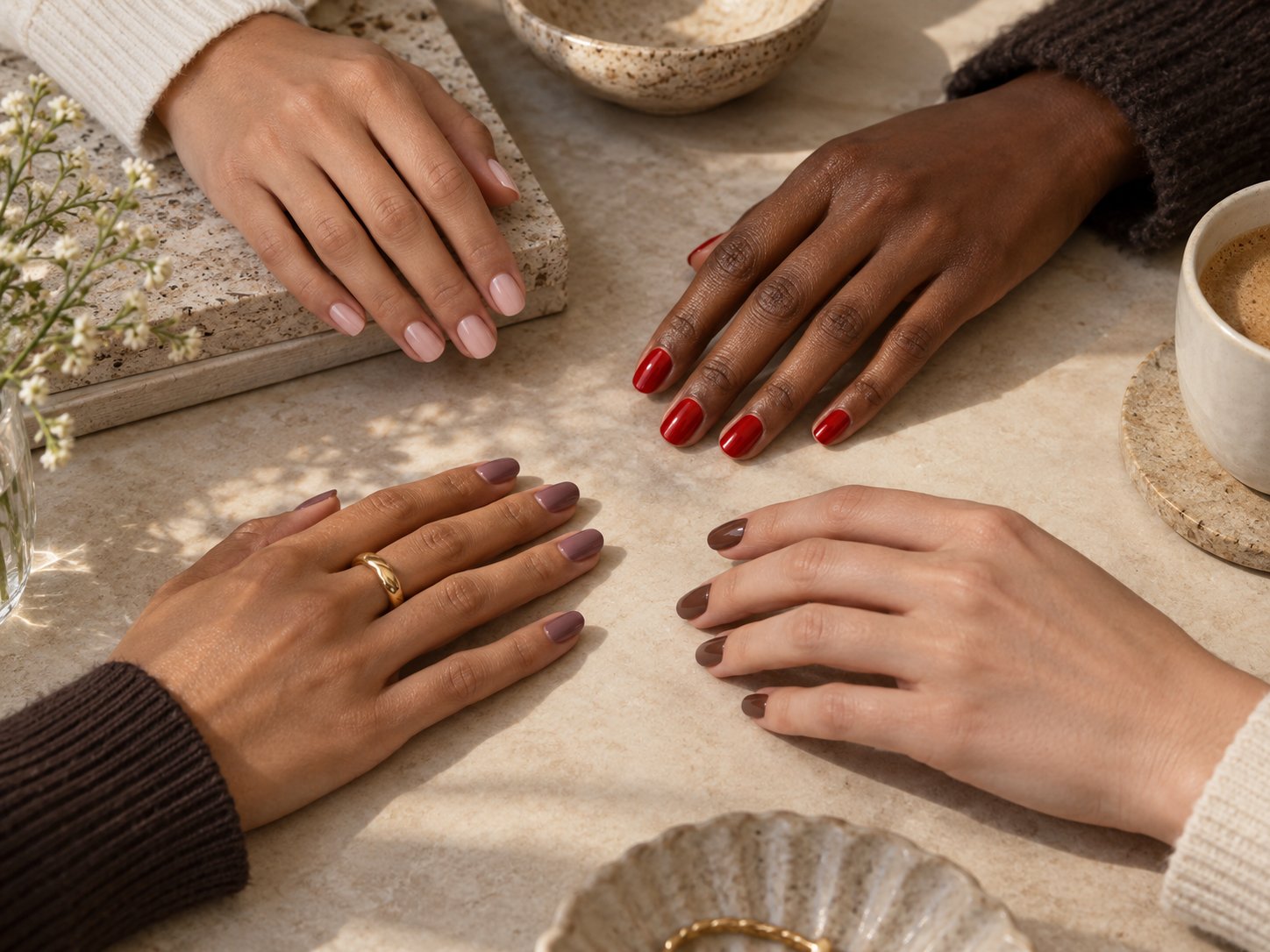 Four hands with sheer pink, classic red, mauve, and brown manicures