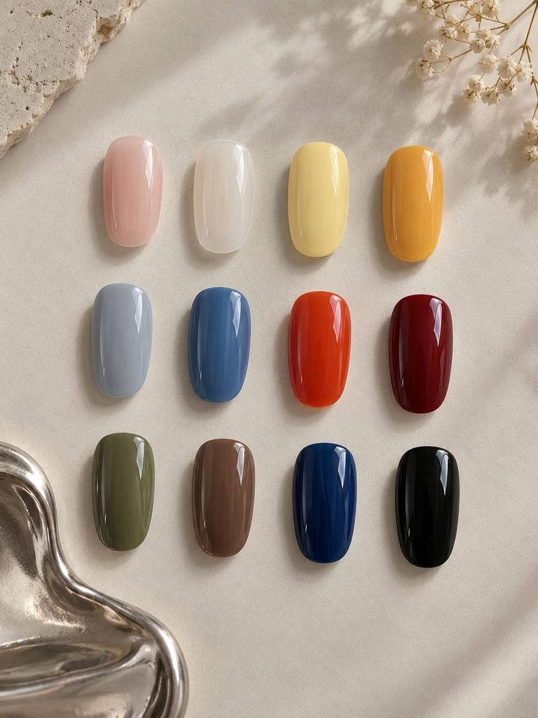 Twelve manicure swatches ranging from milky nude and yellow to olive, burgundy, sapphire, and silver
