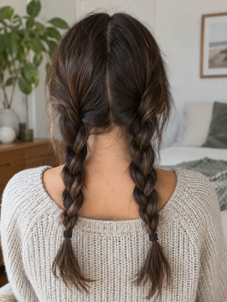 Hair parted down the middle and styled into two relaxed low braids