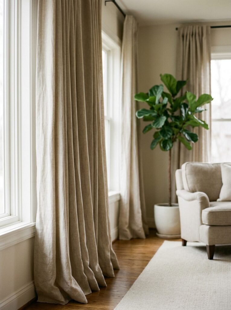 Floor length neutral curtains softening the light in a living room window