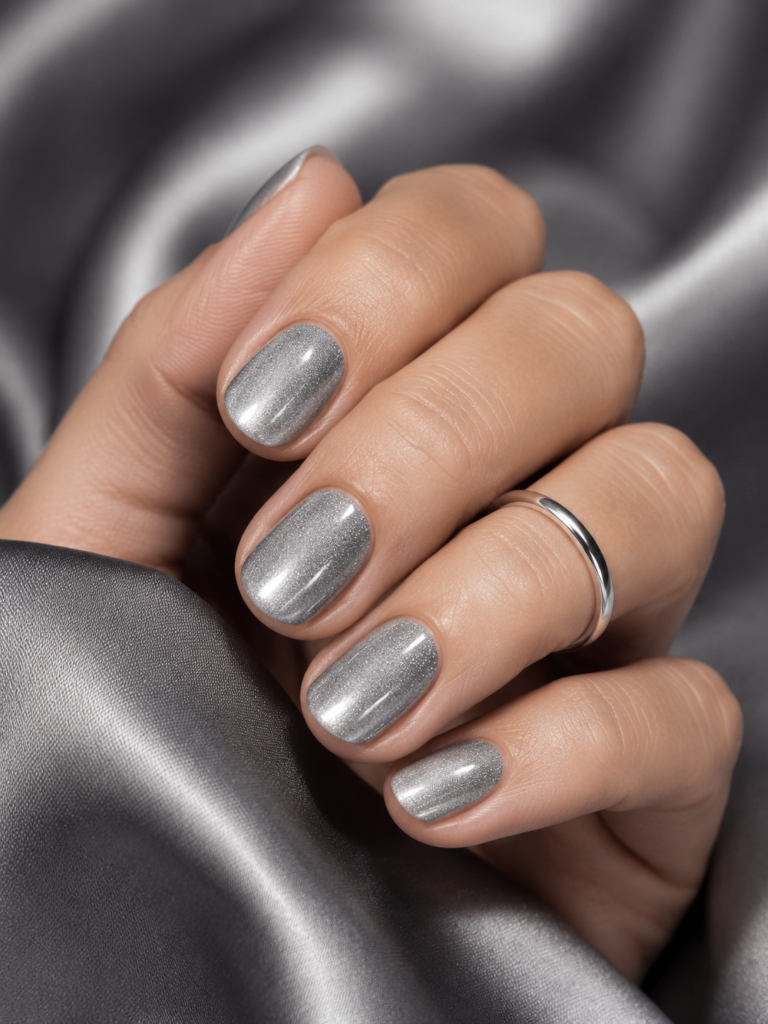 Short silver velvet cat eye nails with an even magnetic shimmer.
