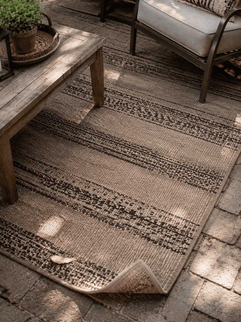 Flat woven outdoor rug defining a backyard patio seating area