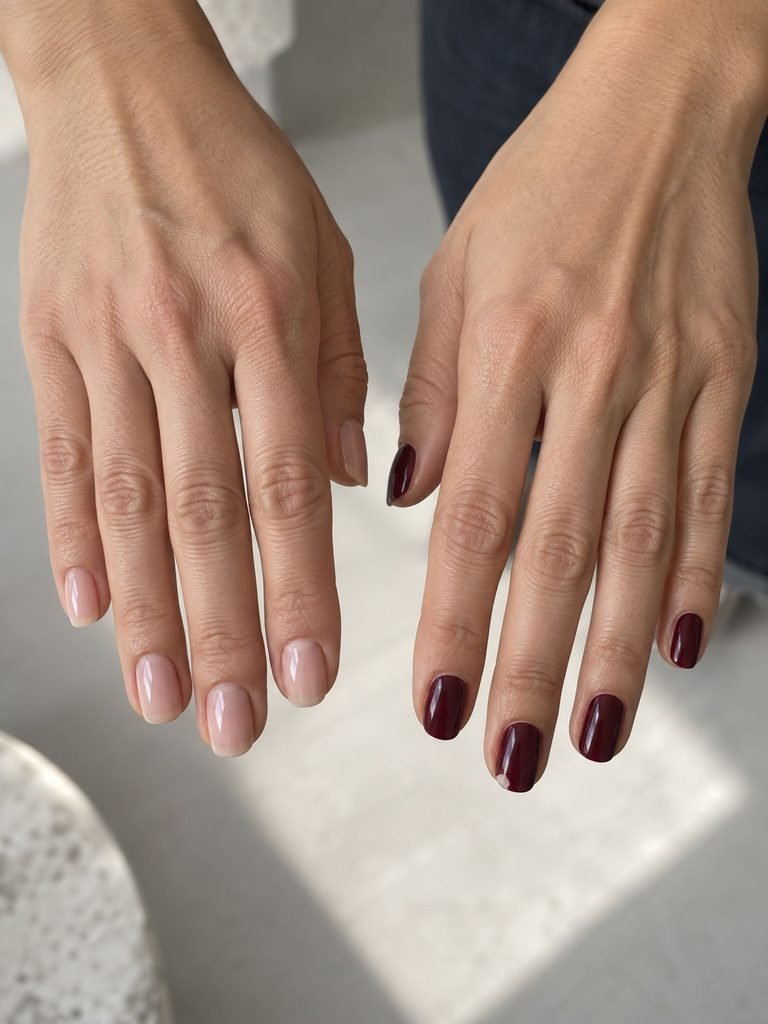 Sheer nude and dark burgundy manicures showing subtle realistic regrowth and tip wear