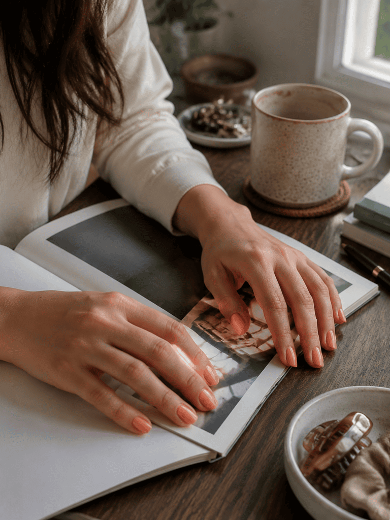 Warm peach nude nails holding book at sunlit home desk