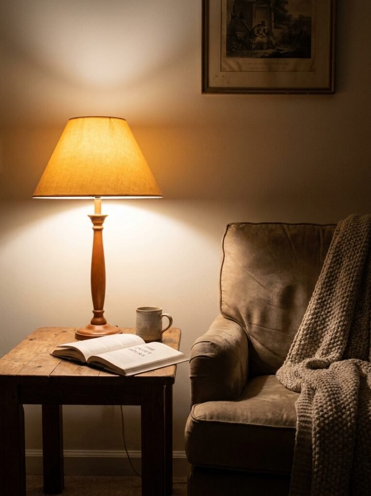 Warm table lamp glowing beside a reading chair in a dim living room
