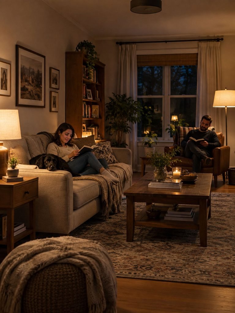 Table lamp and floor lamp creating warm pools of light around living room seating