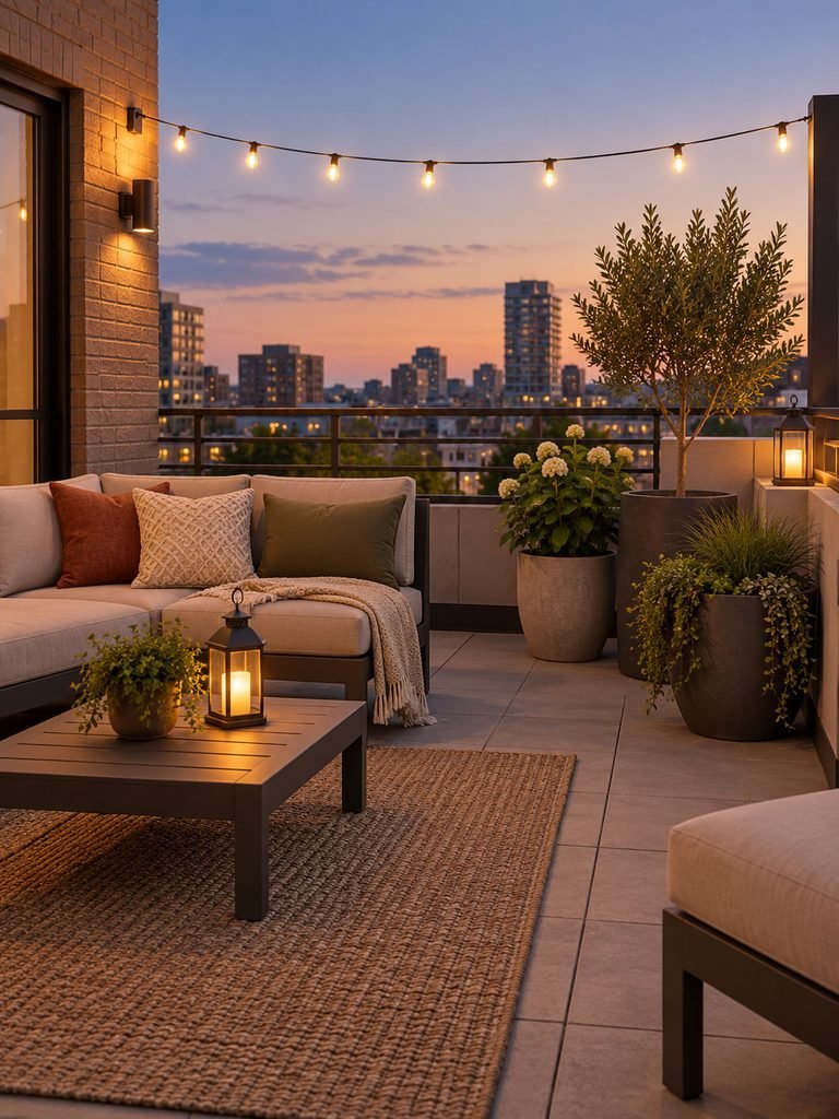 Rooftop seating at dusk with securely mounted warm lights, lanterns and grouped container plants