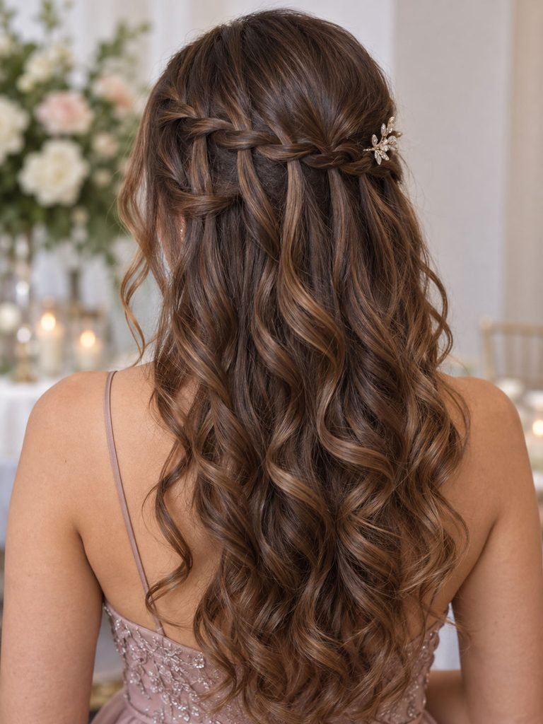 Waterfall braid crossing the back of long hair above soft loose curls