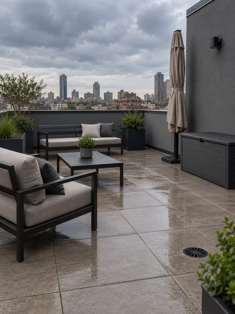 Orderly rooftop with low stable furniture, closed shade equipment and cushions stored safely