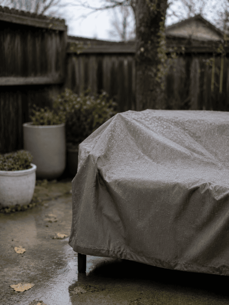 Protective cover over patio furniture during light rain for weatherproofing