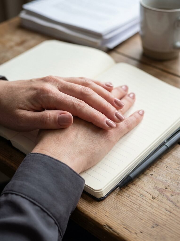 Close up of short rosy nude nails resting on a notebook in soft office light