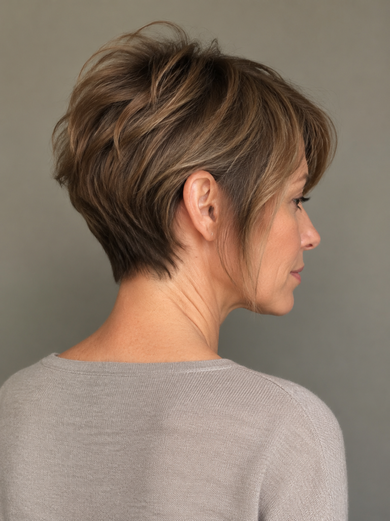 Rear three-quarter view of a fine-haired bixie cut showing the short tapered nape, layered crown, and longer front piece.
