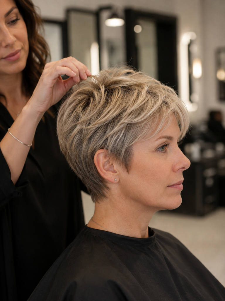 Well-cut bixie on fine hair with a lifted crown, defined perimeter, and natural-looking fullness