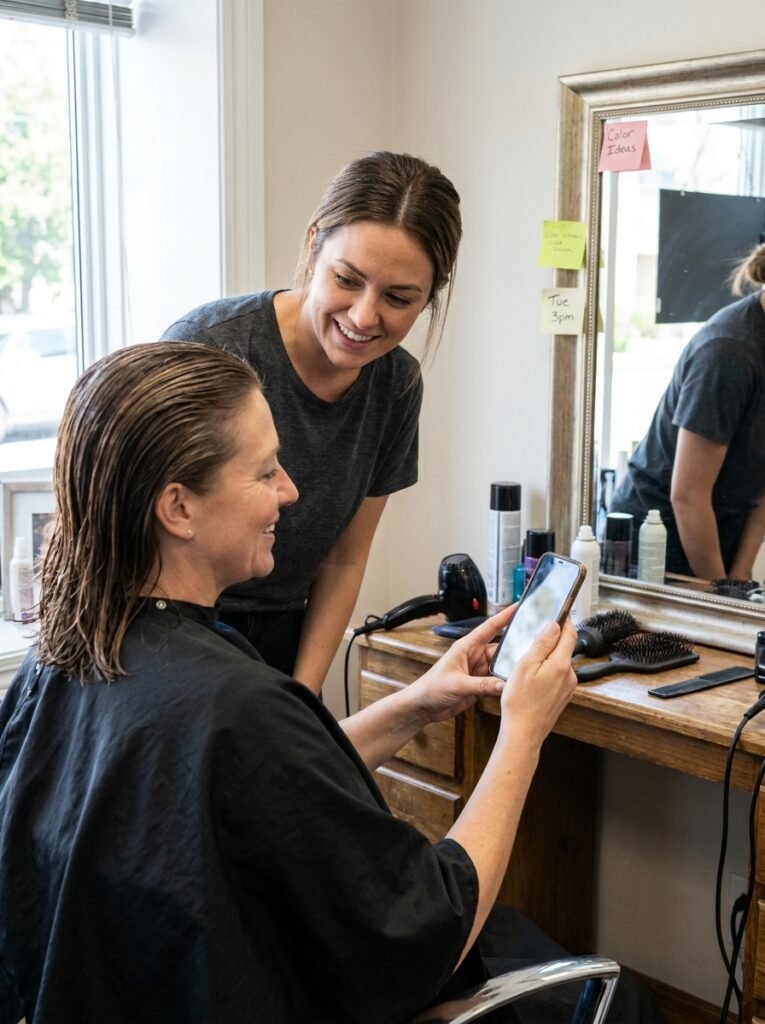 Client discussing layered haircut ideas with her stylist