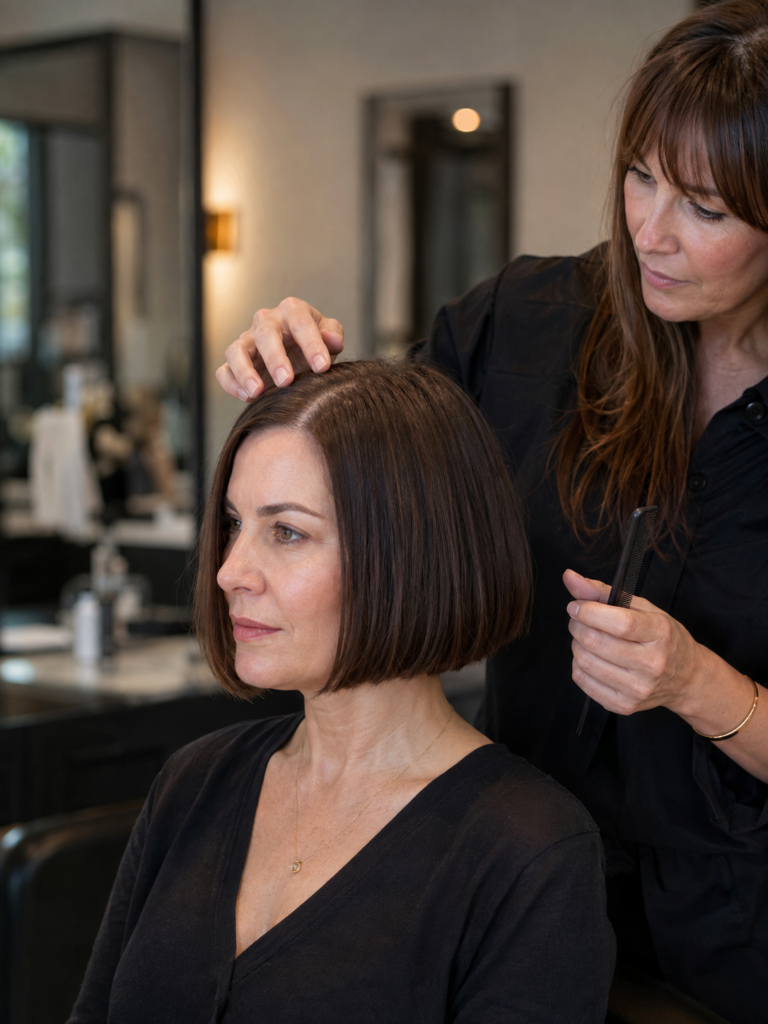 Woman with fine low-density hair considering a blunt short bob instead of a layered bixie haircut.