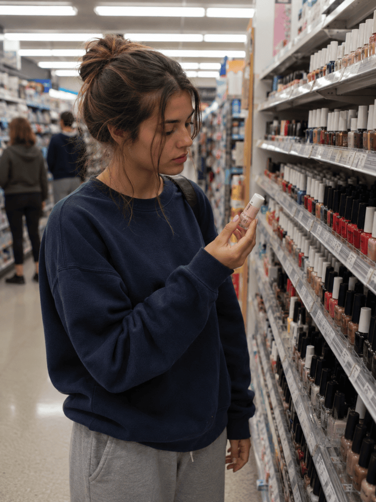 Woman choosing an affordable nail polish shade at a drugstore shelf