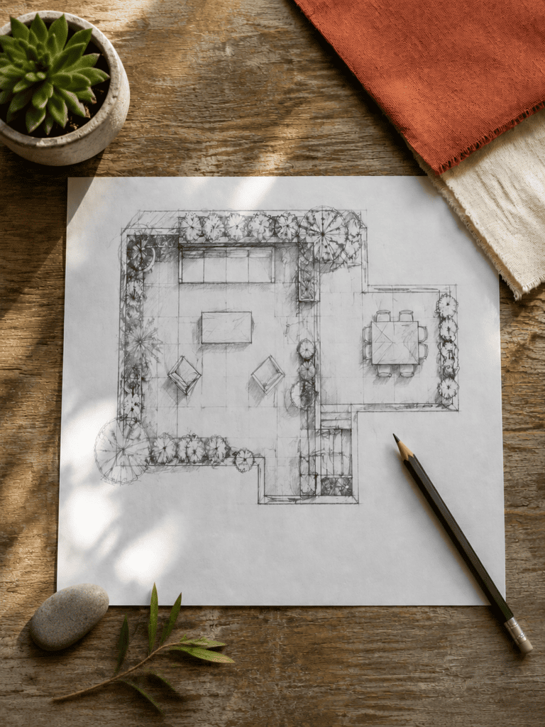 Hand sketched rooftop layout on graph paper, paint chips, and coffee during planning