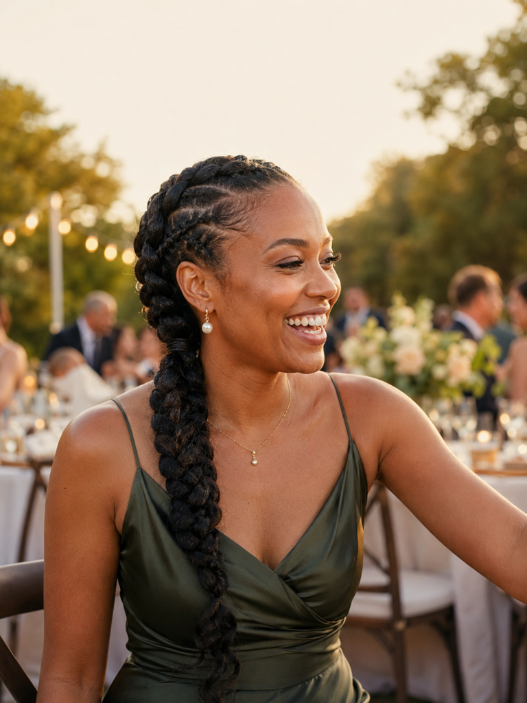 Woman with a side braid laughing at an outdoor celebration.