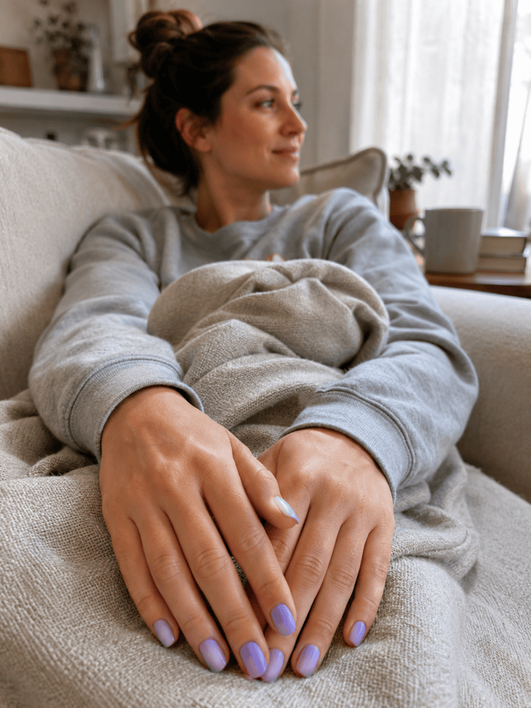 Woman relaxing at home with soft lilac painted nails on a cozy sofa
