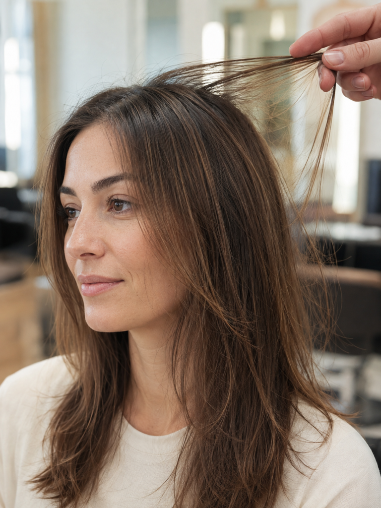 Adult woman with healthy fine hair as a stylist examines delicate strands in a professional salon.