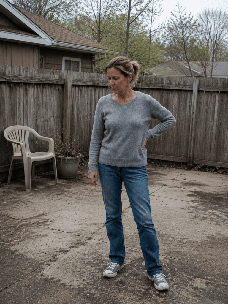 Woman looking at an empty bare patio before adding backyard decor ideas