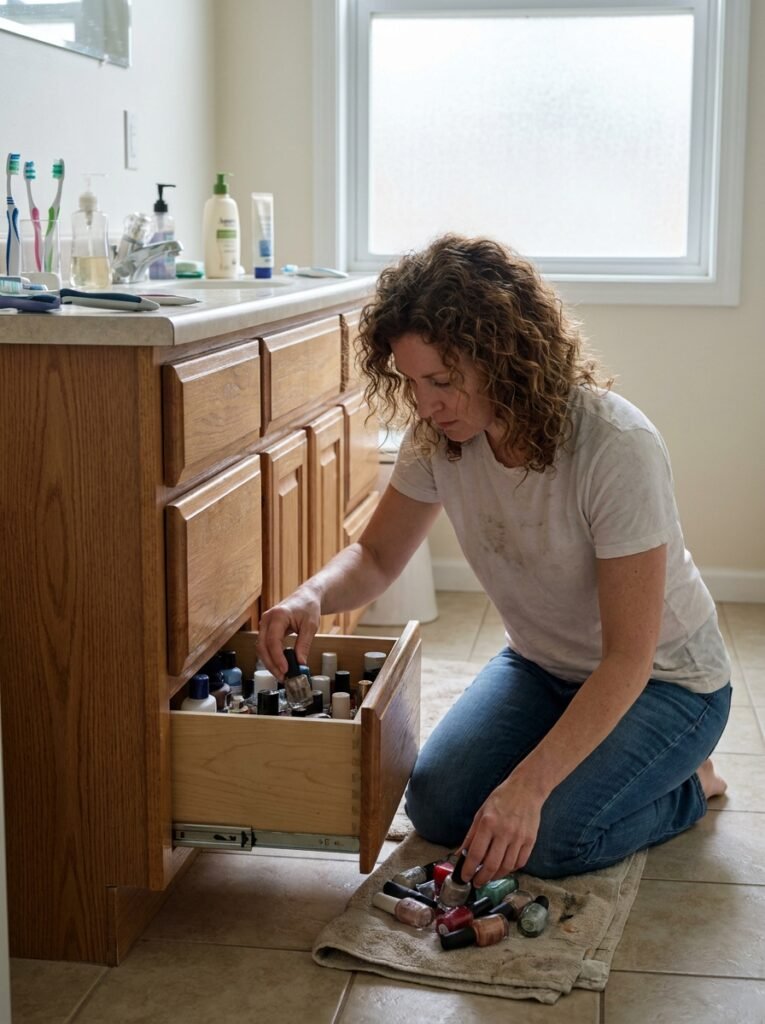 Woman sorting old dried nail polish bottles from a bathroom drawer