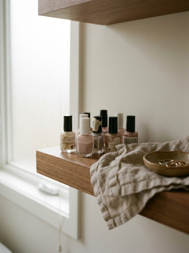 A small curated collection of muted nail polish bottles on a home bathroom shelf.