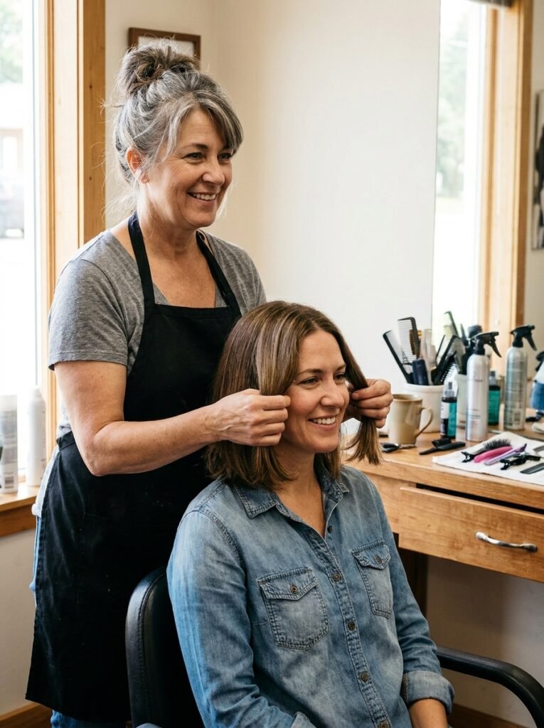 Stylist comparing layer placement around a client's face shape