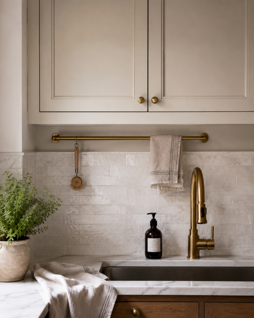 Narrow wall strip above a kitchen backsplash with simple rail and towel.