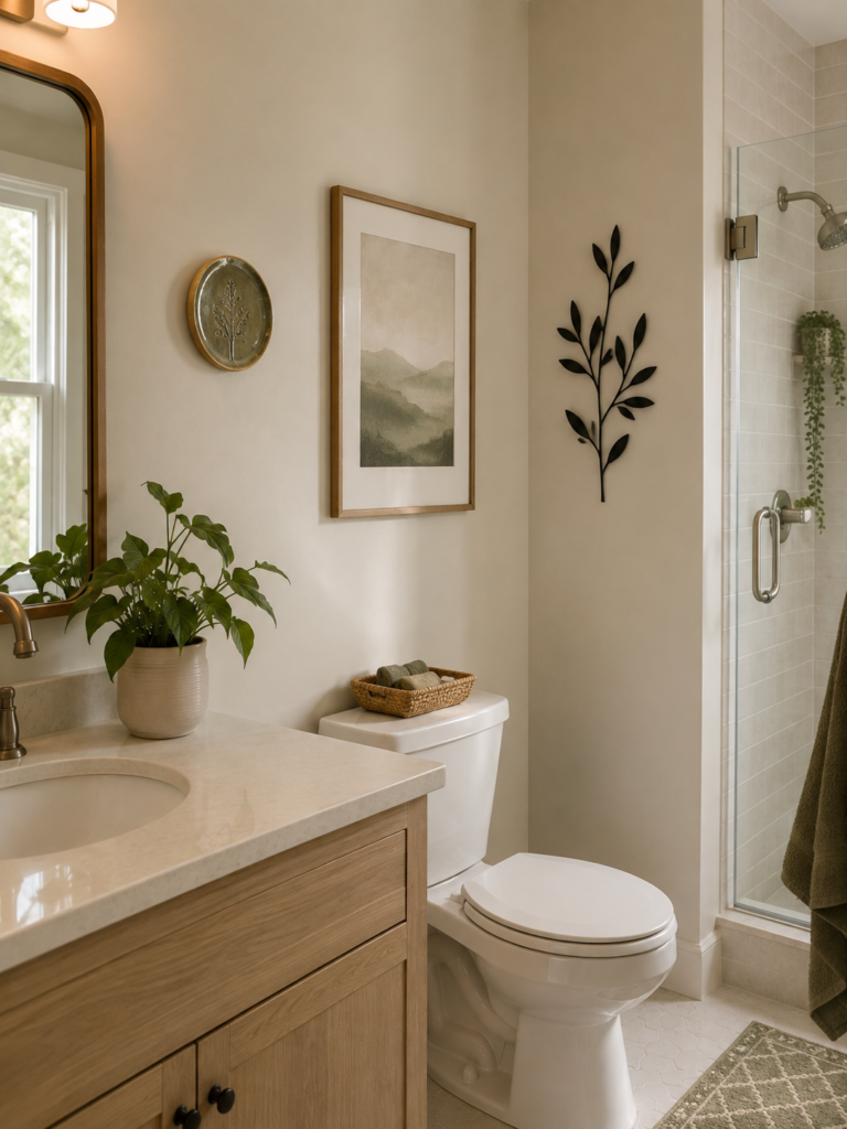 Ceramic, framed print and metal wall decor displayed in bathroom settings
