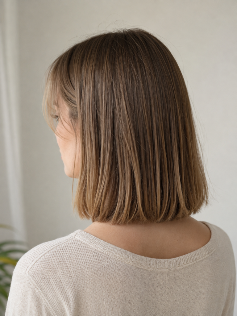 Rear three quarter view of a blunt shoulder length bob with a clean unlayered edge on fine hair.