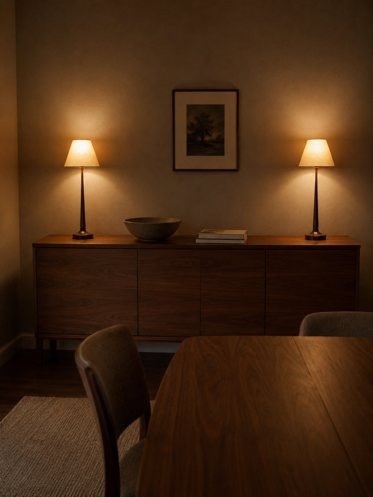 Two slim buffet lamps switched on at either end of a wooden sideboard beside a dining table