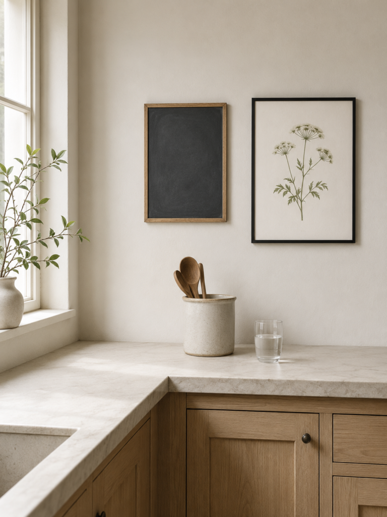 A small slate chalkboard and a framed botanical print hanging above a pale wood counter in a neutral modern kitchen.