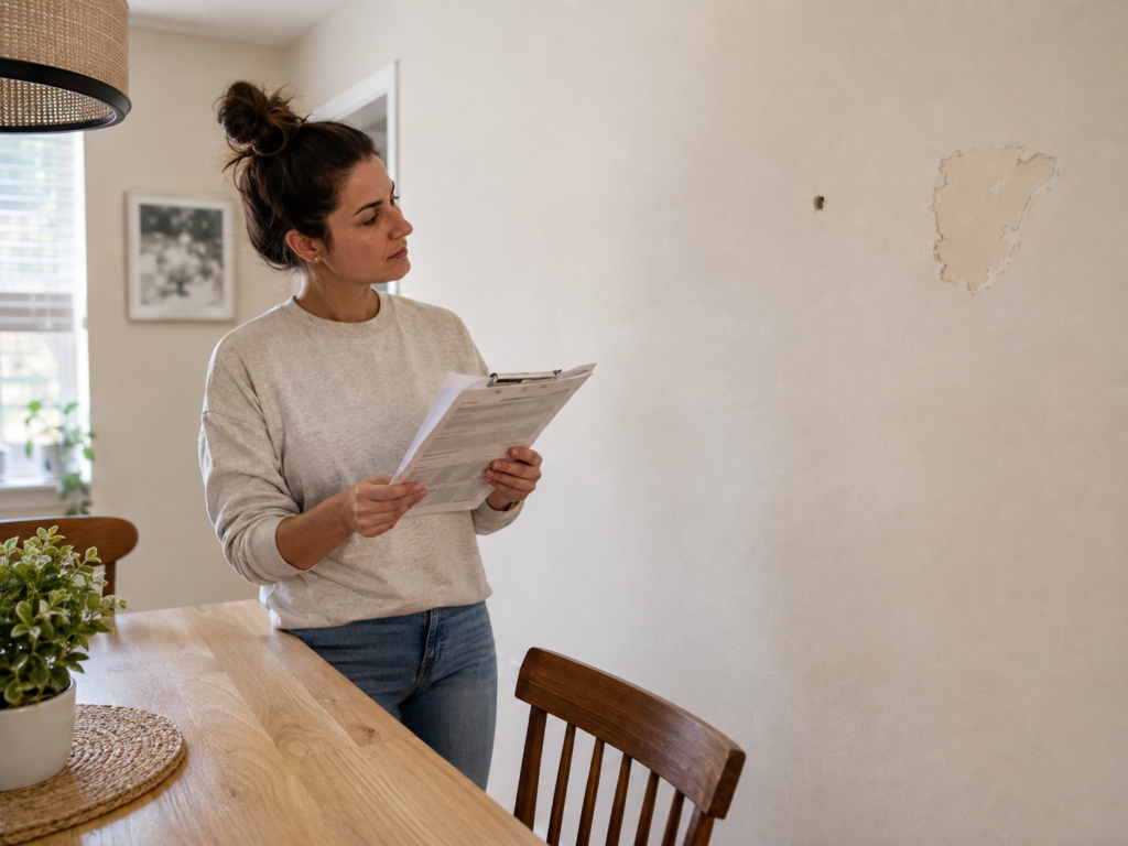 A renter in a dining room reading a lease agreement beside a wall with a small drilled hook hole and a strip of peeled paint from removed adhesive hooks.