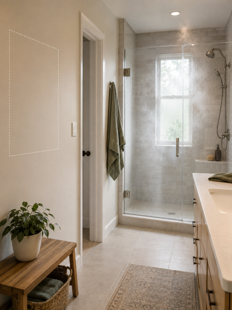 Bathroom wall staying dry while steam remains near the shower