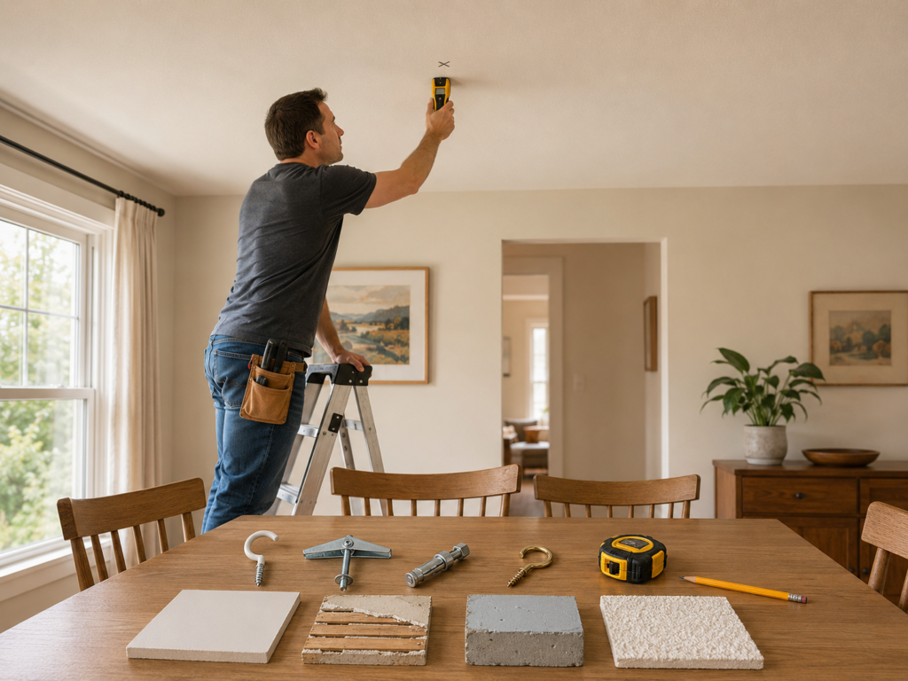 A person using a stud finder on a dining room ceiling, with drywall, plaster, concrete, textured ceiling samples, and suitable mounting anchors displayed below.