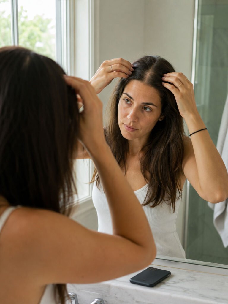 Woman examining a widening hair part in consistent natural light
