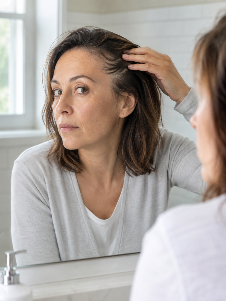 Woman holding her hair back at the temple to look at her hairline in a bathroom mirror in natural light. 