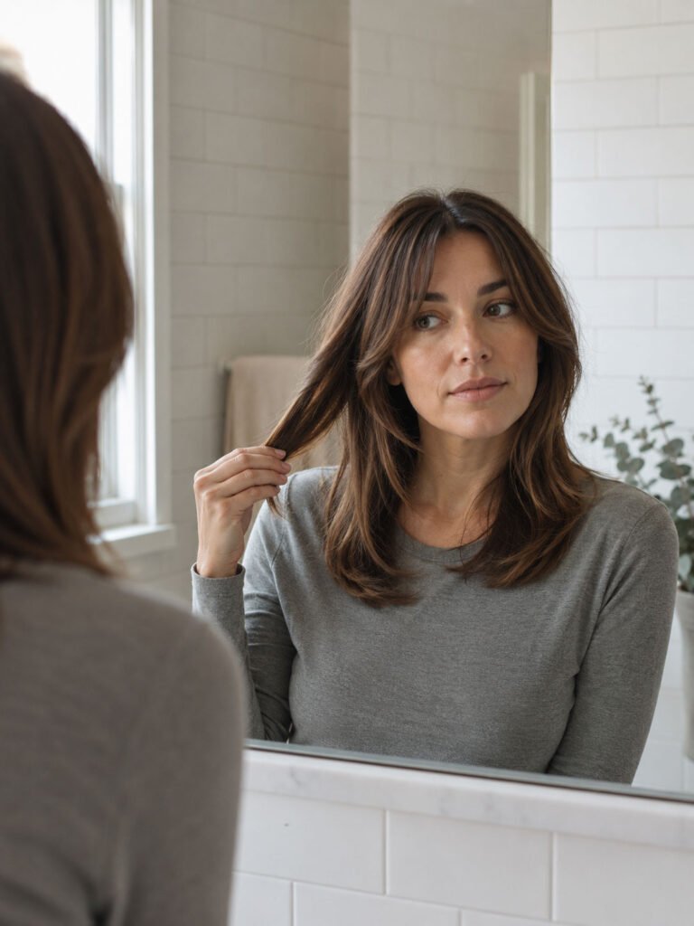 Woman holding a section of layered hair against her shoulder to see where it lands